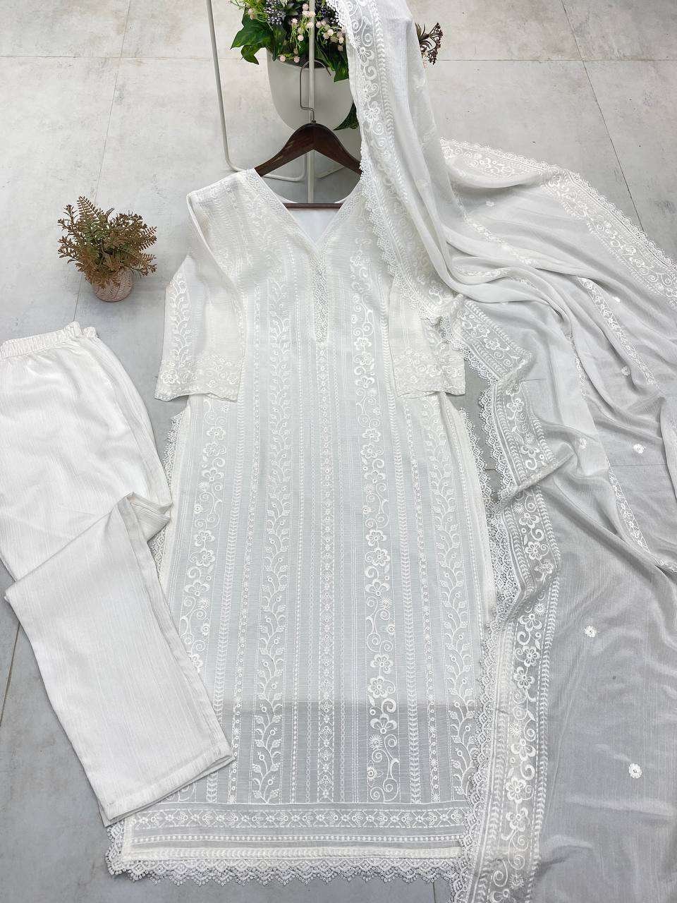Women's Chinon Silk with Cotton Thread Embroidery Straight Kurti With Pant and Dupatta set - Image 21
